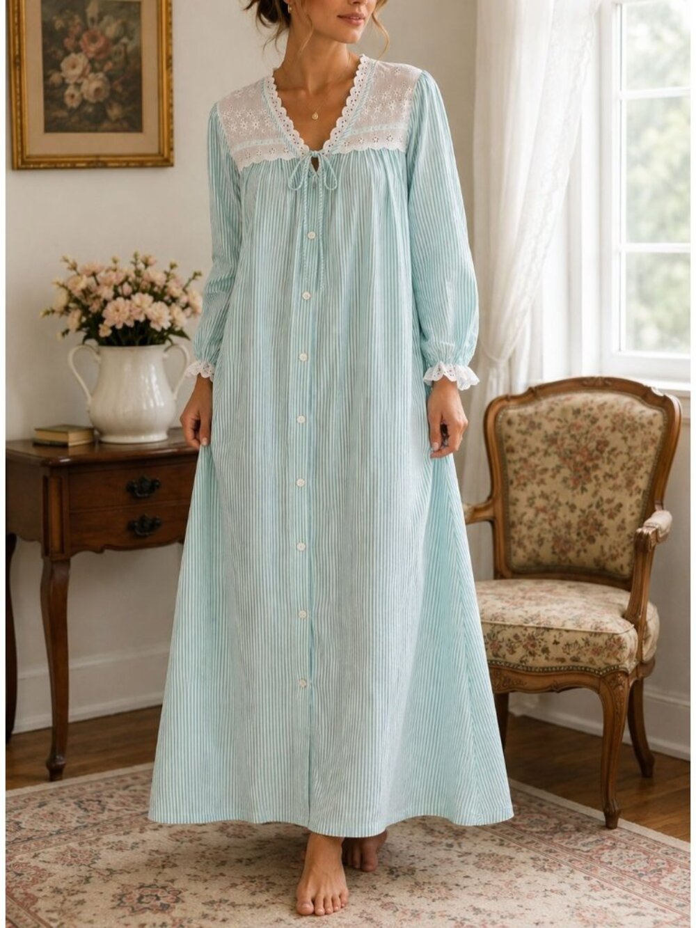 Vintage Diana Hopkins Seersucker Prairie Dress Aqua Stripe Eyelet Lace Cottage